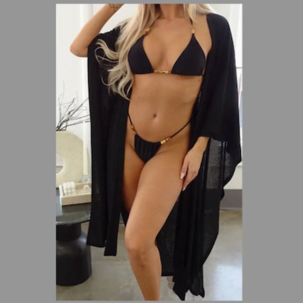 Women's Black Swimsuit Cover Robe With Belt NEW - Picture 2 of 3